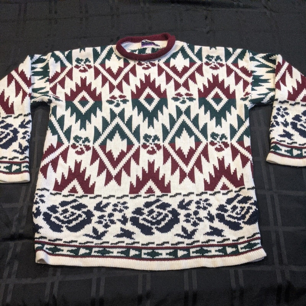 Mens Vintage Sweater Large Pullover Geometric Knit Long Sleeve Christmas Colors